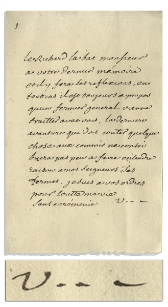 Voltaire Autograph Letter Signed Regarding Excessive Taxation by a Local Priest -- ''...Making our Masters of Taxes listen to reason...'' -- With University Archives COA